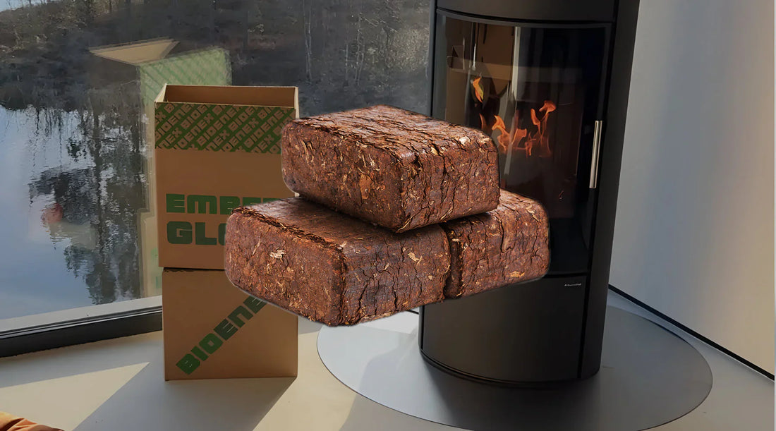 Una pila di bricchette di corteccia di alta qualità posizionate davanti a una stufa a legna moderna accesa, con scatole a marchio BIOENEX ed EmberGlow sullo sfondo.