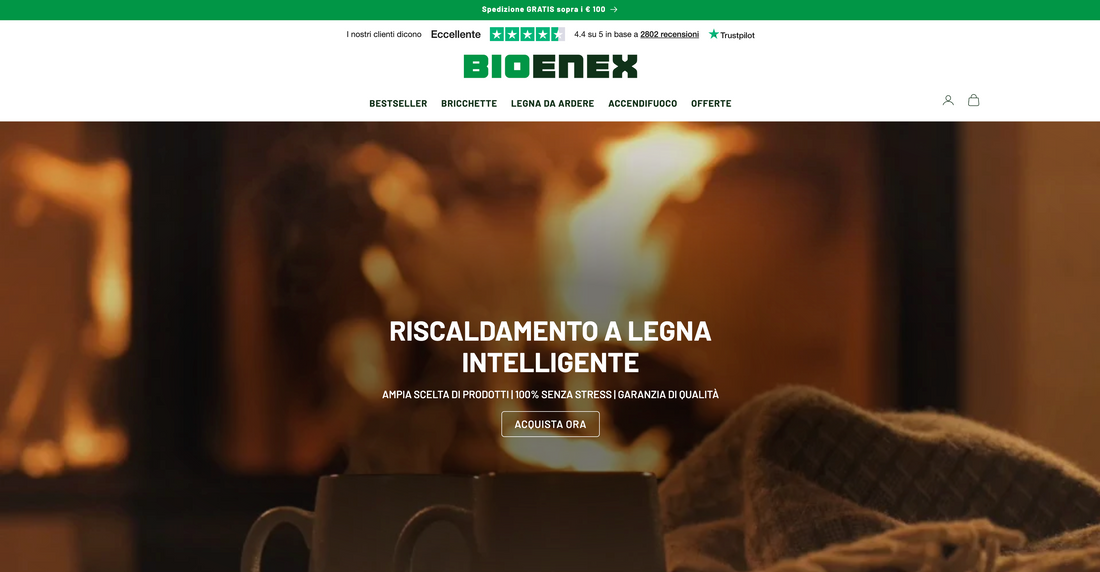 Home page Bioenex con camino acceso e scritta Riscaldamento a legna intelligente.